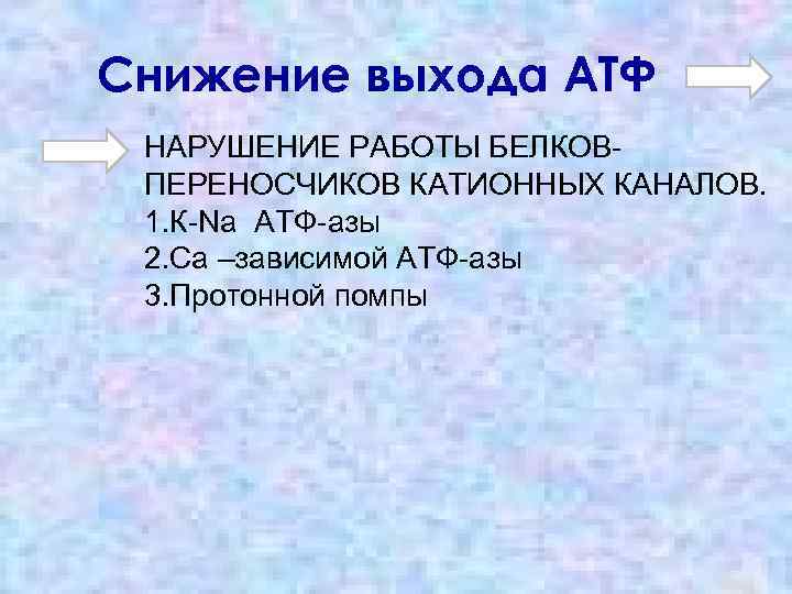 Снижение выхода АТФ НАРУШЕНИЕ РАБОТЫ БЕЛКОВПЕРЕНОСЧИКОВ КАТИОННЫХ КАНАЛОВ. 1. К-Na АТФ-азы 2. Са –зависимой