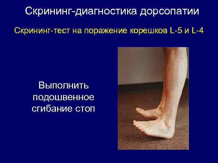 Скрининг-диагностика дорсопатии Скрининг-тест на поражение корешков L-5 и L-4 Выполнить подошвенное сгибание стоп 