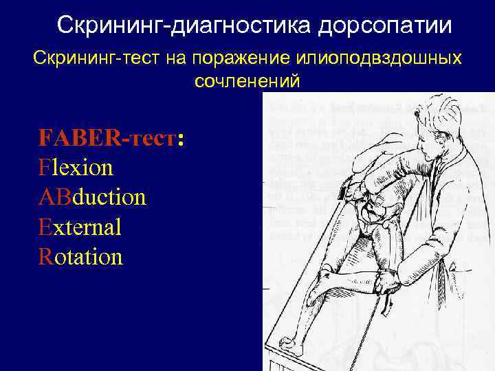 Скрининг-диагностика дорсопатии Скрининг-тест на поражение илиоподвздошных сочленений FABER-тест: Flexion ABduction External Rotation 