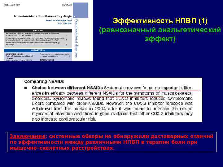 Эффективность НПВП (1) (равнозначный анальгетический эффект) Заключение: системные обзоры не обнаружили достоверных отличий по