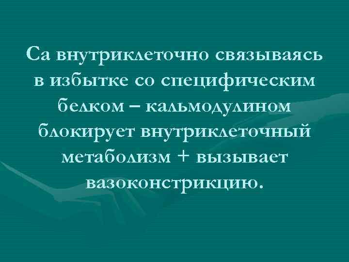 Са внутриклеточно связываясь в избытке со специфическим белком – кальмодулином блокирует внутриклеточный метаболизм +