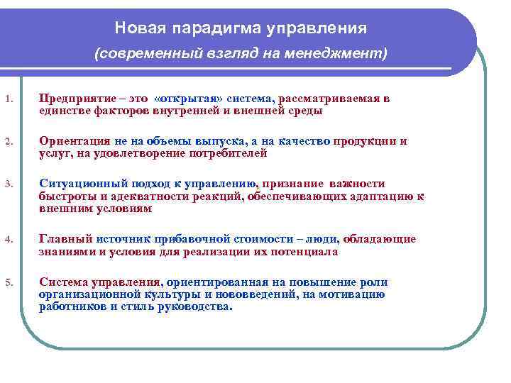 Новая парадигма управления (современный взгляд на менеджмент) 1. Предприятие – это «открытая» система, рассматриваемая