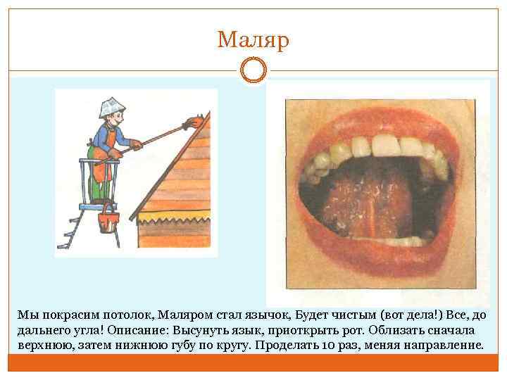 Маляр Мы покрасим потолок, Маляром стал язычок, Будет чистым (вот дела!) Все, до дальнего
