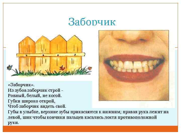 Заборчик «Заборчик» . Из зубов заборчик строй - Ровный, белый, не косой. Губки широко