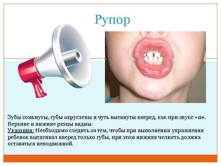 Рупор Зубы сомкнуты, губы округлены и чуть вытянуты вперед, как при звуке «о» .