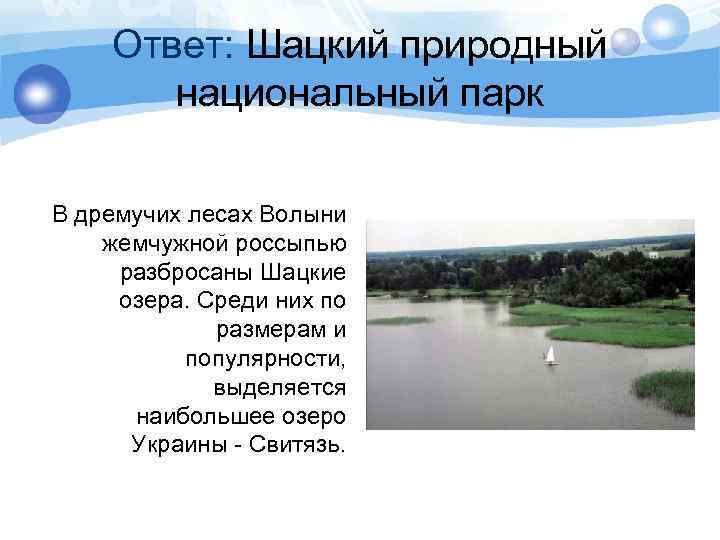 Ответ: Шацкий природный национальный парк В дремучих лесах Волыни жемчужной россыпью разбросаны Шацкие озера.