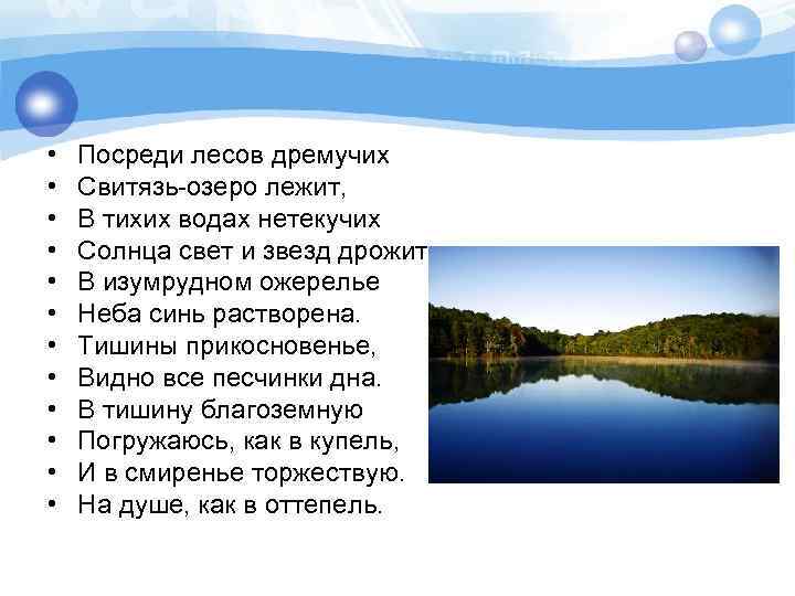  • • • Посреди лесов дремучих Свитязь-озеро лежит, В тихих водах нетекучих Солнца