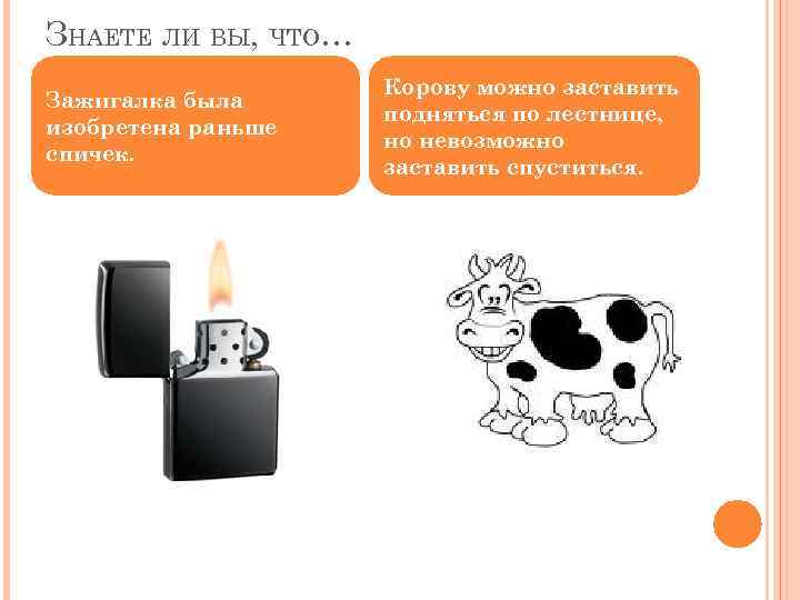 ЗНАЕТЕ ЛИ ВЫ, ЧТО… Зажигалка была изобретена раньше спичек. Коpову можно заставить подняться по