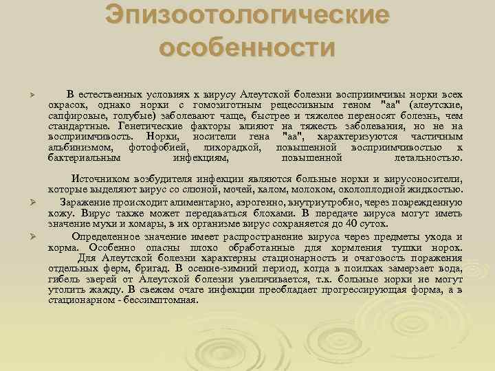 Эпизоотологические особенности Ø В естественных условиях к вирусу Алеутской болезни восприимчивы норки всех окрасок,