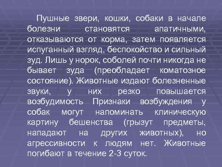 Пушные звери, кошки, собаки в начале болезни становятся апатичными, отказываются от корма, затем появляется