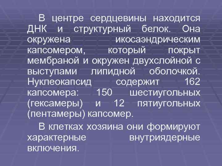 В центре сердцевины находится ДНК и структурный белок. Она окружена икосаэндрическим капсомером, который покрыт