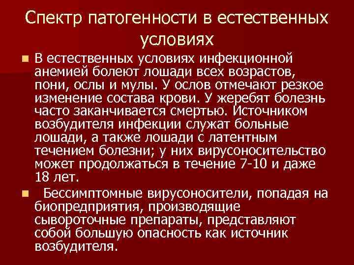 Спектр патогенности в естественных условиях В естественных условиях инфекционной анемией болеют лошади всех возрастов,