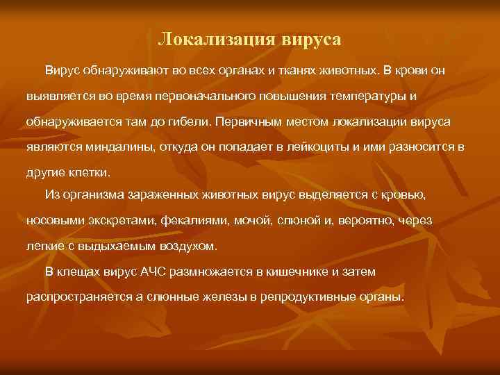 Локализация вируса Вирус обнаруживают во всех органах и тканях животных. В крови он выявляется