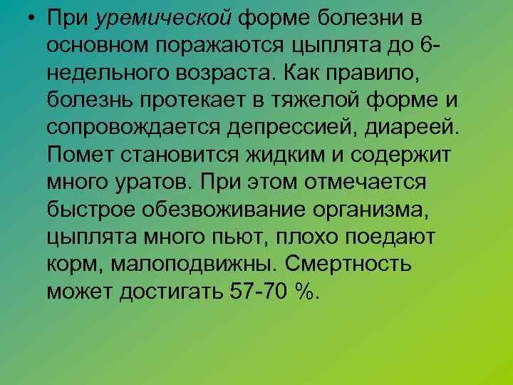  • При уремической форме болезни в основном поражаются цыплята до 6 недельного возраста.