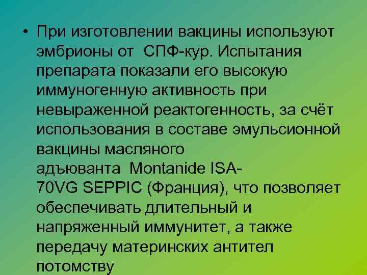  • При изготовлении вакцины используют эмбрионы от СПФ-кур. Испытания препарата показали его высокую