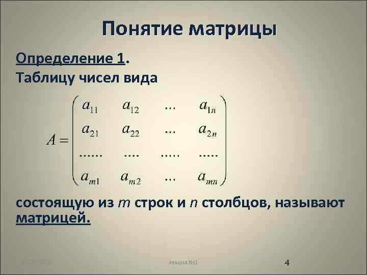 Понятие матрицы Определение 1. Таблицу чисел вида состоящую из m строк и n столбцов,