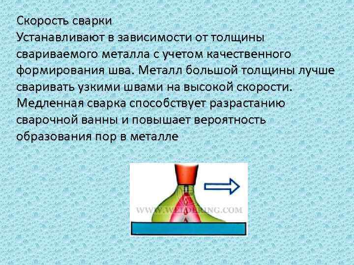 Скорость сварки Устанавливают в зависимости от толщины свариваемого металла с учетом качественного формирования шва.