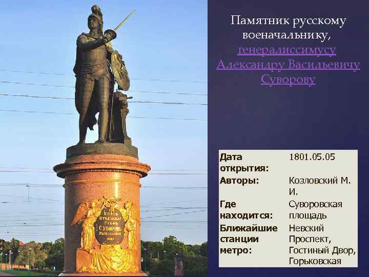 Памятник русскому военачальнику, генералиссимусу Александру Васильевичу Суворову Дата открытия: Авторы: Где находится: Ближайшие станции