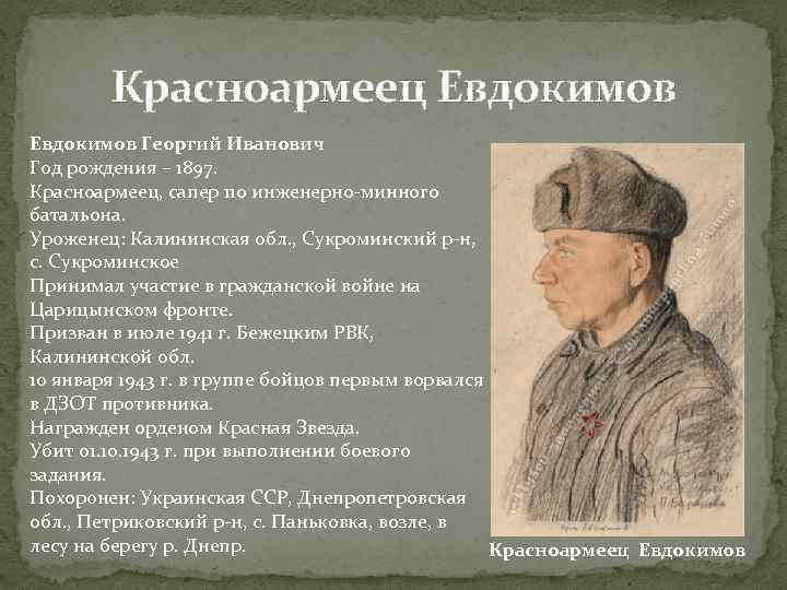 Красноармеец Евдокимов Георгий Иванович Год рождения – 1897. Красноармеец, сапер 110 инженерно-минного батальона. Уроженец: