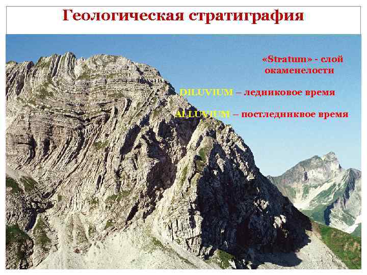 Геологическая стратиграфия «Stratum» - слой окаменелости DILUVIUM – ледниковое время ALLUVIUM – постледниквое время