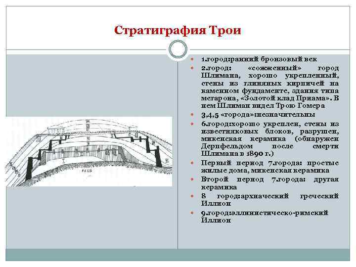 Стратиграфия Трои 1. город: ранний бронзовый век 2. город: «сожженный» город Шлимана, хорошо укрепленный,