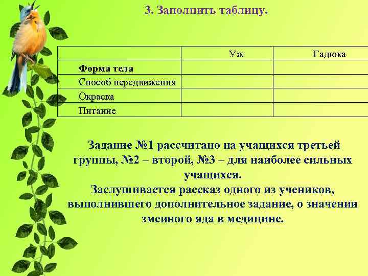 3. Заполнить таблицу. Уж Гадюка Форма тела Способ передвижения Окраска Питание Задание № 1