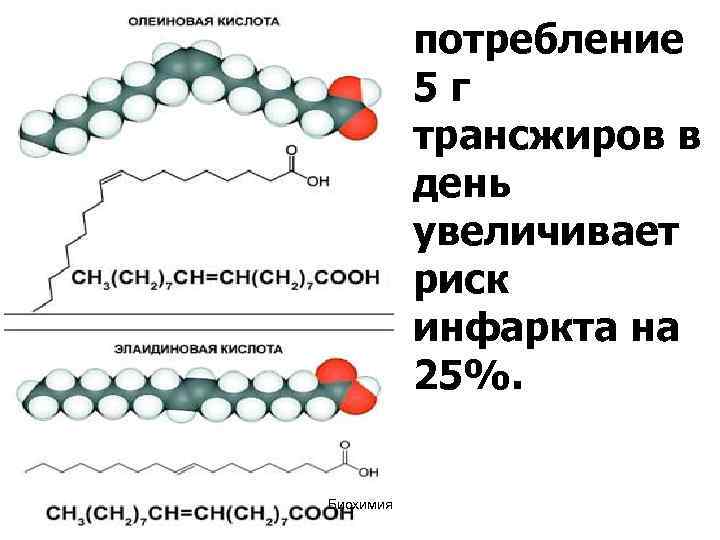 потребление 5 г трансжиров в день увеличивает риск инфаркта на 25%. Биохимия 