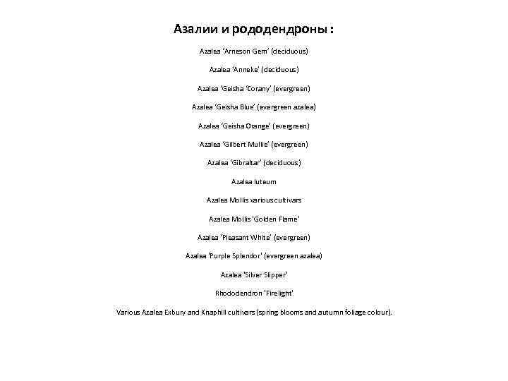 Азалии и рододендроны : Azalea ‘Arneson Gem’ (deciduous) Azalea ‘Anneke’ (deciduous) Azalea ‘Geisha ‘Corany’
