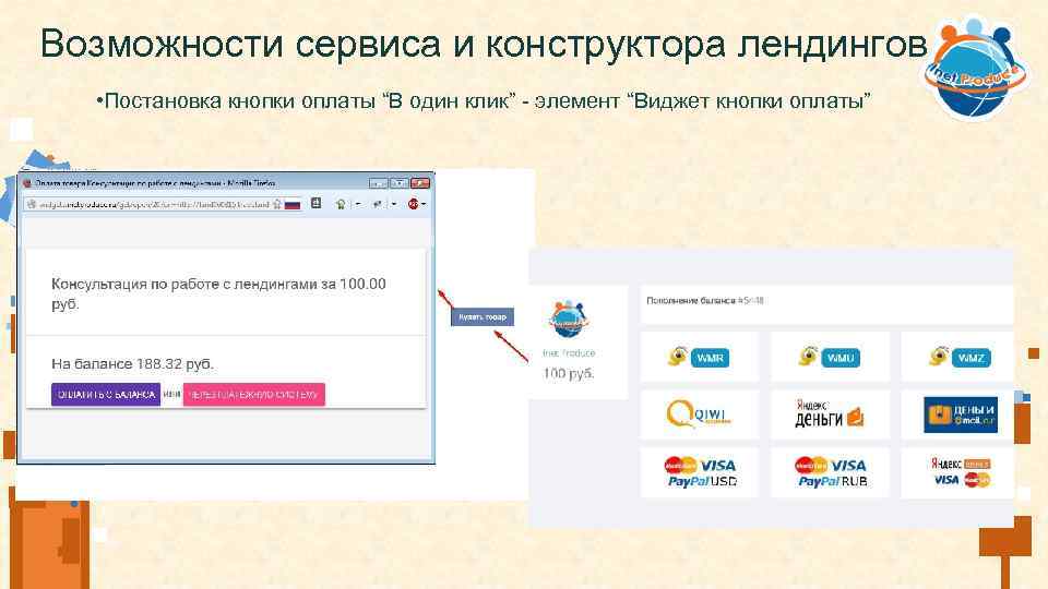Возможности сервиса и конструктора лендингов • Постановка кнопки оплаты “В один клик” - элемент