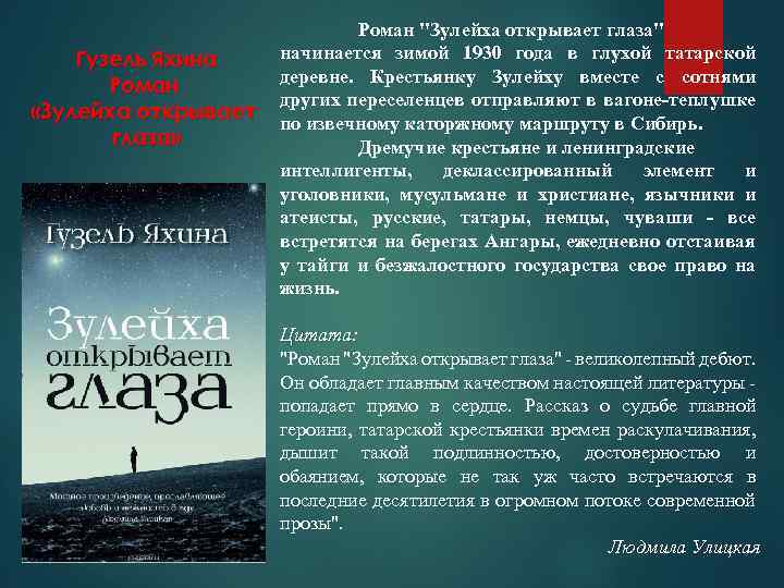 Гузель Яхина Роман «Зулейха открывает глаза» Роман "Зулейха открывает глаза" начинается зимой 1930 года