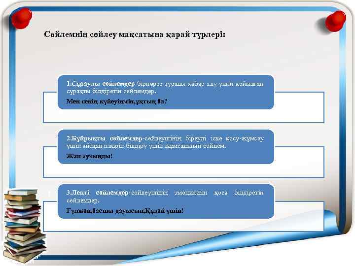 Сөйлемнің сөйлеу мақсатына қарай түрлері: 1. Сұраулы сөйлемдер-бірнәрсе туралы хабар алу үшін қойылған сұрақты