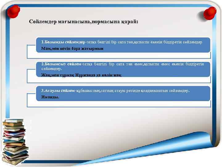  Сөйлемдер мағынасына, нормасына қарай: 1. Болымды сөйлемдер-затқа белгілі бір сапа тән, қатысты екенін