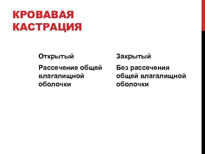 КРОВАВАЯ КАСТРАЦИЯ Открытый Закрытый Рассечение общей влагалищной оболочки Без рассечения общей влагалищной оболочки 