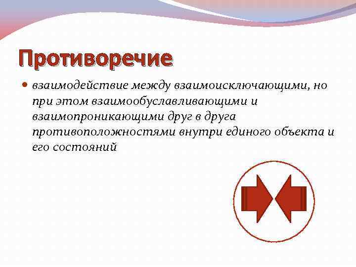 Противоречие взаимодействие между взаимоисключающими, но при этом взаимообуславливающими и взаимопроникающими друг в друга противоположностями