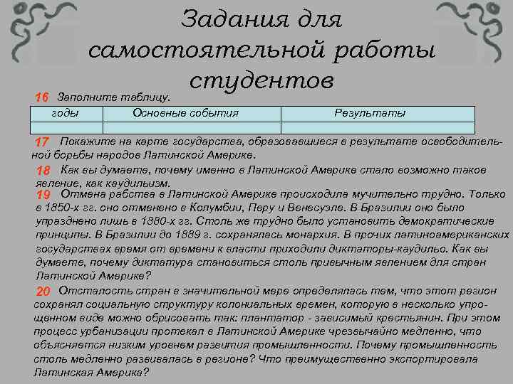 16 Задания для самостоятельной работы студентов Заполните таблицу. годы Основные события Результаты 17 Покажите