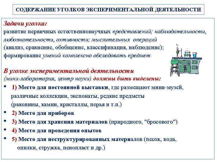 СОДЕРЖАНИЕ УГОЛКОВ ЭКСПЕРИМЕНТАЛЬНОЙ ДЕЯТЕЛЬНОСТИ Задачи уголка: развитие первичных естественнонаучных представлений; наблюдательности, любознательности, активности; мыслительных