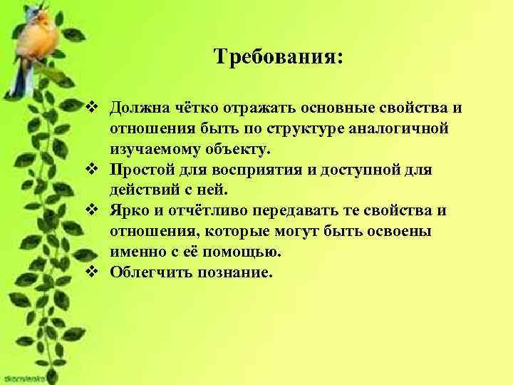 Требования: v Должна чётко отражать основные свойства и отношения быть по структуре аналогичной изучаемому