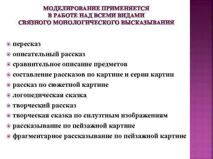 МОДЕЛИРОВАНИЕ ПРИМЕНЯЕТСЯ В РАБОТЕ НАД ВСЕМИ ВИДАМИ СВЯЗНОГО МОНОЛОГИЧЕСКОГО ВЫСКАЗЫВАНИЯ пересказ описательный рассказ сравнительное