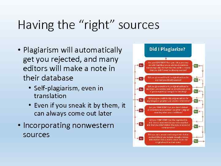 Having the “right” sources • Plagiarism will automatically get you rejected, and many editors