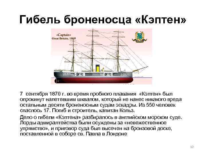Гибель броненосца «Кэптен» 7 сентября 1870 г. во время пробного плавания «Кэптен» был опрокинут