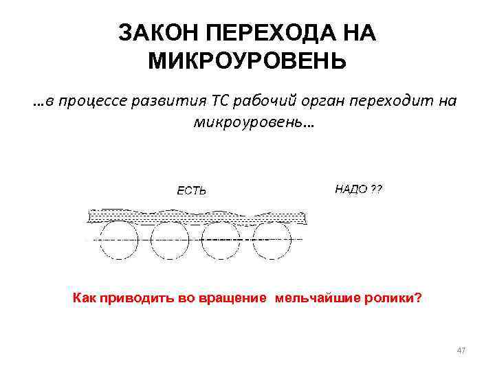 ЗАКОН ПЕРЕХОДА НА МИКРОУРОВЕНЬ …в процессе развития ТС рабочий орган переходит на микроуровень… Как