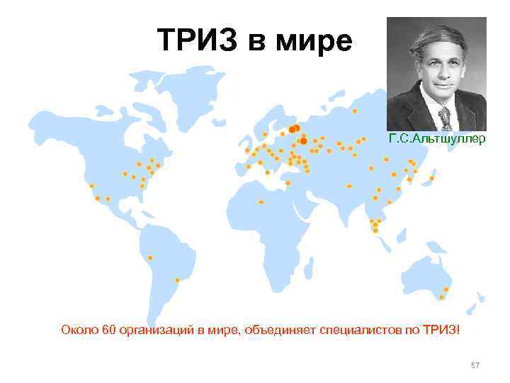 ТРИЗ в мире Г. С. Альтшуллер Около 60 организаций в мире, объединяет специалистов по
