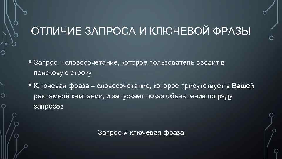 ОТЛИЧИЕ ЗАПРОСА И КЛЮЧЕВОЙ ФРАЗЫ • Запрос – словосочетание, которое пользователь вводит в поисковую