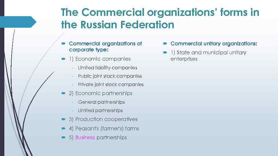 The Commercial organizations’ forms in the Russian Federation Commercial organizations of corporate type: 1)
