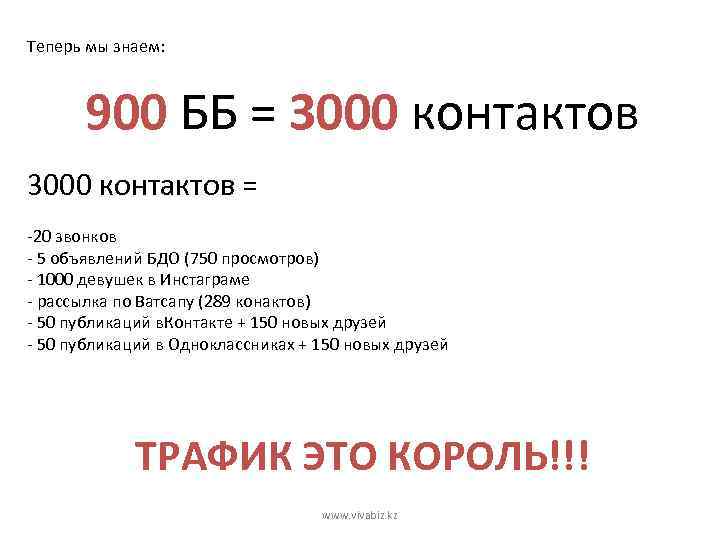Теперь мы знаем: 900 ББ = 3000 контактов = -20 звонков - 5 объявлений