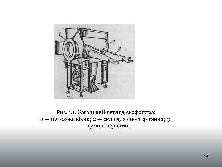 Рис. 1. 1. Загальний вигляд скафандра: 1 — шлюзове вікно; 2 — скло для