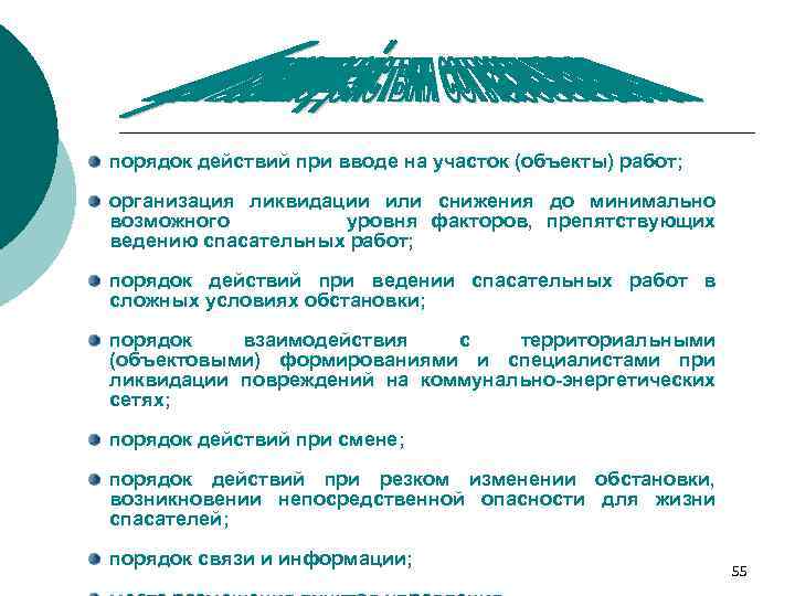 порядок действий при вводе на участок (объекты) работ; организация ликвидации или снижения до минимально