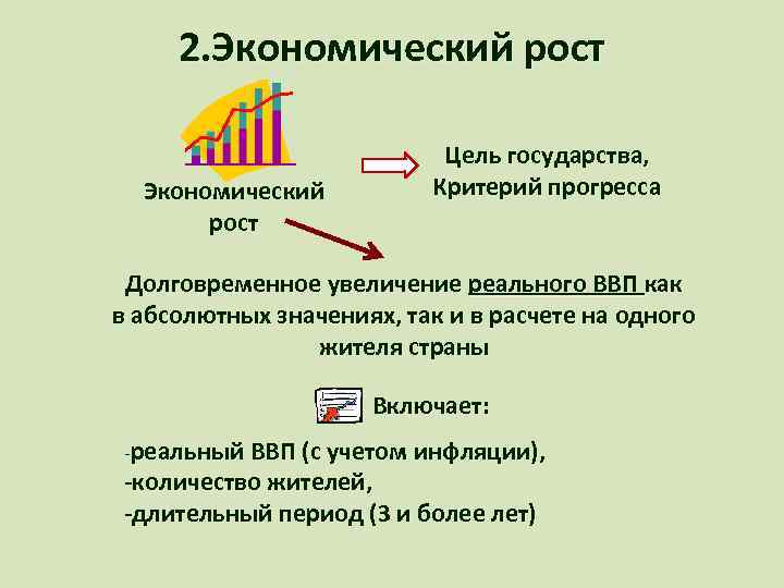 2. Экономический рост Цель государства, Критерий прогресса Долговременное увеличение реального ВВП как в абсолютных