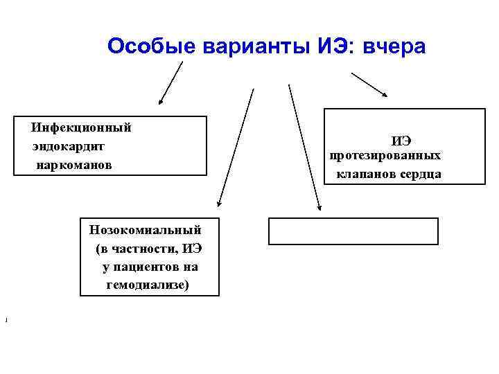 Особые варианты ИЭ: вчера Инфекционный эндокардит наркоманов Нозокомиальный (в частности, ИЭ у пациентов на