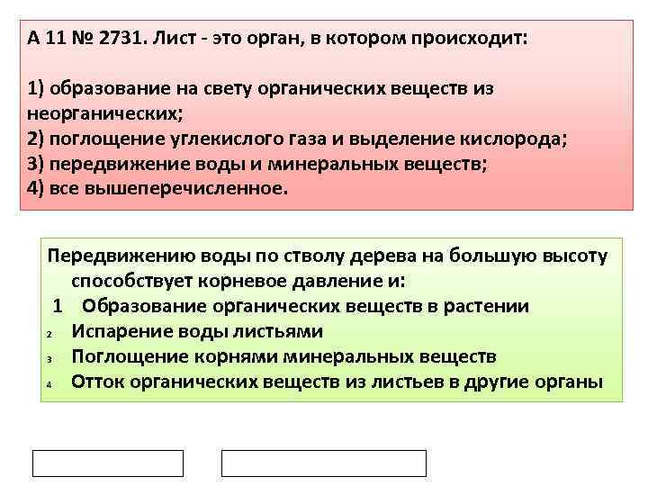 A 11 № 2731. Лист это орган, в котором происходит: 1) образование на свету